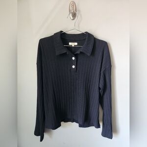 Madewell Variegated Rib Boxy Polo Shirt Black Size Medium NWT